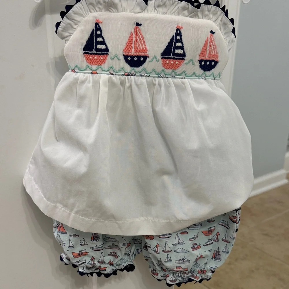 Sailboat Smocked Girls Outfit - White and Navy